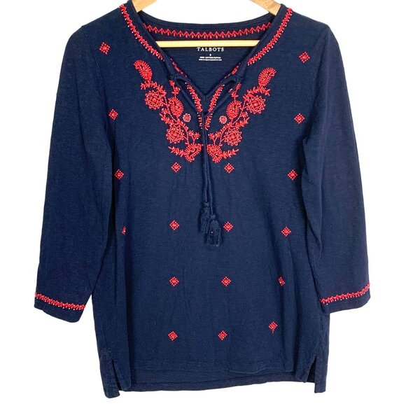 Talbots Boho Blouse Peasant Embroidered Cotton Long Sleeve Navy Red Size Small - Picture 1 of 7
